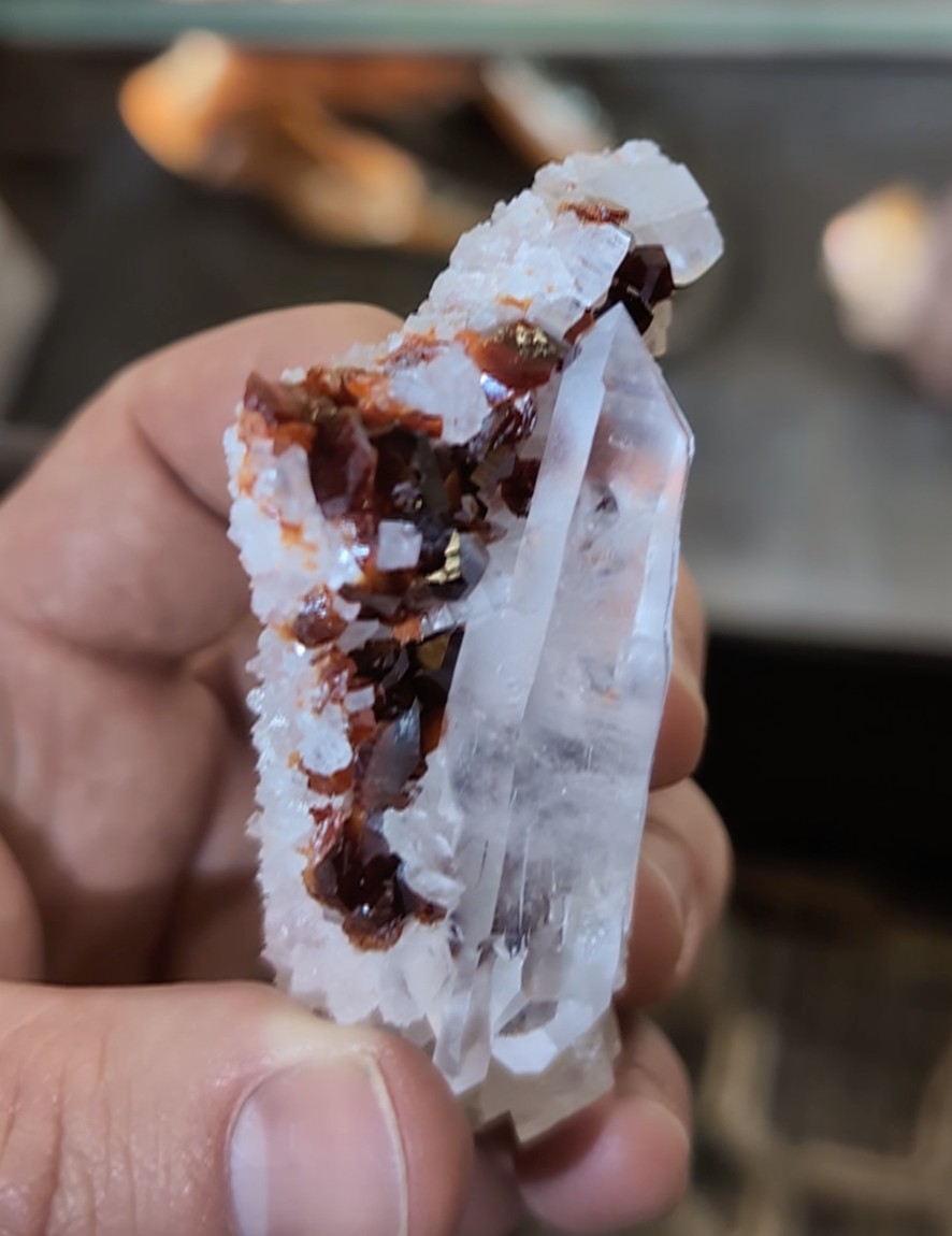 Quartz with Red Uvite Tourmaline - Doubly Terminated Crystal on Druse Matrix, Brazil